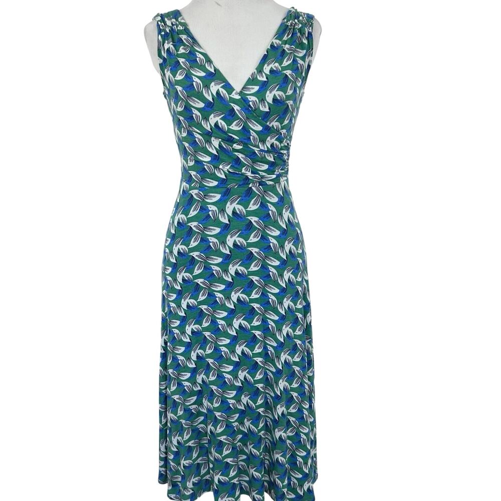 Boden Green Blue Leaf Print Ruched Dress Sleeveless Stretch Midi Workwear Size 2